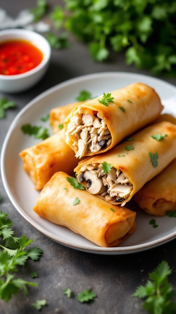 Crispy chicken and mushroom spring rolls served with chili oil in a bowl.